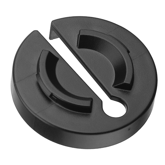 BLACKDECKER BCKM1016KSB round black plastic accessory, top angle, with central groove and curved indents.