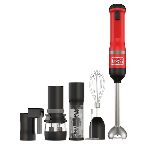 A BLACK+DECKER kitchen appliance set including a red and black hand blender with various attachments: chopper, whisk, grinder, and mixing attachments, all displayed upright on a white background.