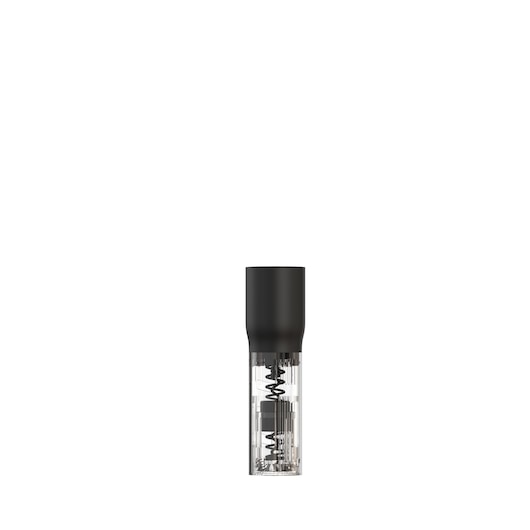 BLACKDECKER BCKM1016KSR electric wine opener, transparent lower body, black top, front view, white background.