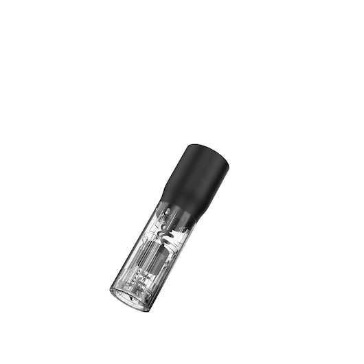 Photo of BLACKDECKER BCKM1016KSR electric wine opener with black top and transparent lower section, angled on white background.