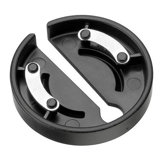 BLACKDECKER BCKM1016KSR circular black plastic accessory with two metal clips, top-down view on white background.
