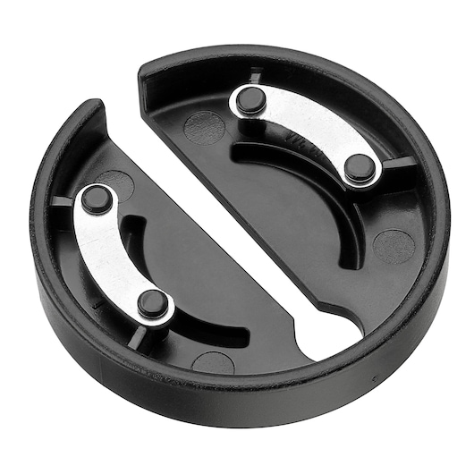A circular black plastic photography accessory with two curved metal components and a central slot, viewed from above against a white background.