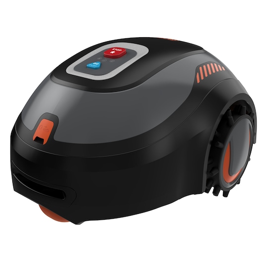 A BLACK+DECKER robotic lawn mower, model BCRMW122, shown in a three-quarter view. The mower features a sleek black and orange design and control buttons on the top labeled 'STOP' and 'GO'.