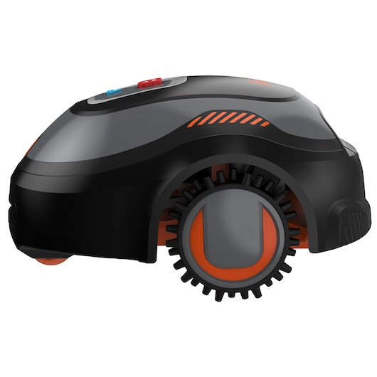 Side view of a BLACK+DECKER robotic lawn mower with black and orange design, prominent wheels, and control buttons on top.