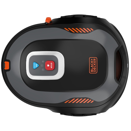 Top view of a BLACK+DECKER robotic lawn mower, model BCRMW122, featuring a black and gray design with orange accents and a control panel with 'GO' and 'STOP' buttons.