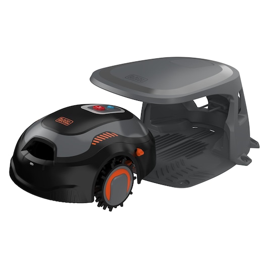 BLACK+DECKER robotic lawn mower with docking and charging station, shown in black and orange colors on a white background.
