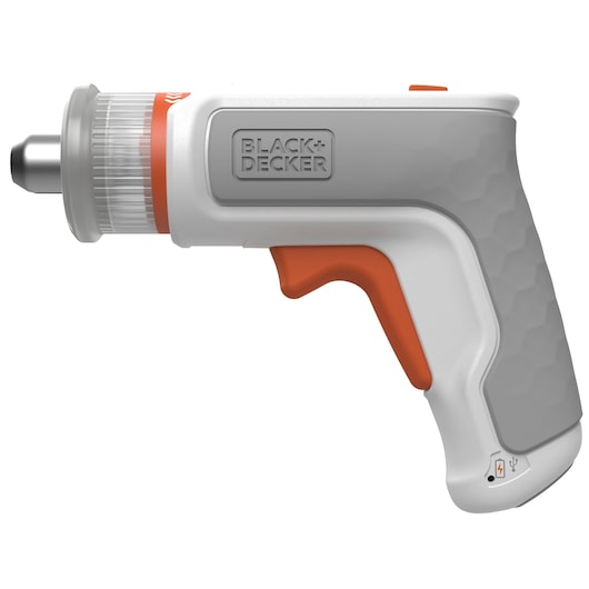 A Black+Decker cordless screwdriver with a white, grey, and orange body, featuring an ergonomic grip and a USB charging port.