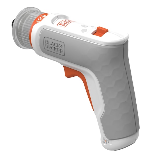 A close-up of a BLACK+DECKER handheld electric screwdriver in gray, white, and orange colors, showing its ergonomic grip, trigger, brand logo, and variable control switch.