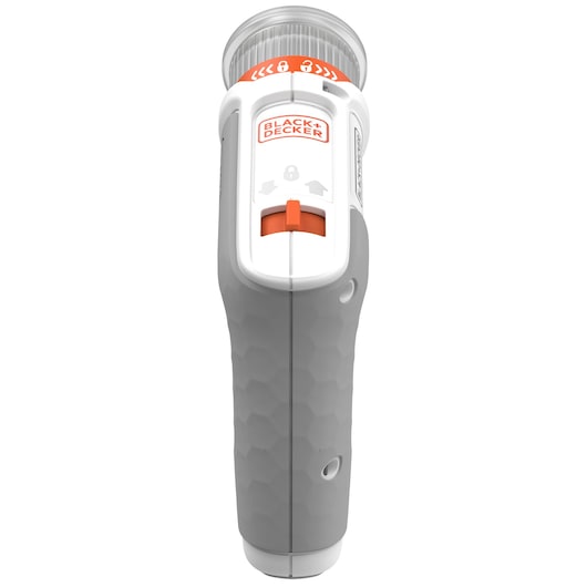 Front view of a BLACK+DECKER handheld tool with a gray textured grip, white body, an orange slider, and locking indicator. The top section features a clear part and orange labeling.