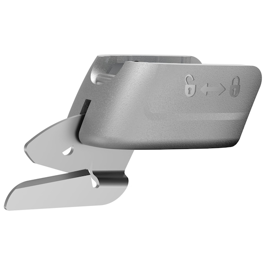 Photo of BLACK+DECKER BCSC115 metal attachment with locking symbols, silver finish, angled on white background.