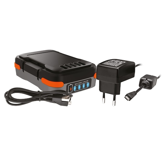 A BLACK+DECKER portable battery station with battery status indicator, accompanied by a USB charging cable and a European plug power adapter.