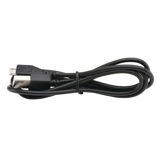 A coiled black USB cable with a standard USB-A connector and a micro-USB connector.