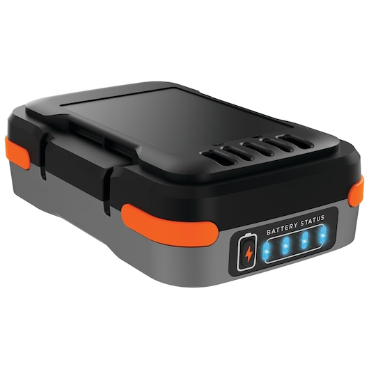 A BLACK+DECKER BDB12 rechargeable battery pack, designed for photography equipment. The battery has a robust black and gray casing with orange accents and a battery status indicator with blue LED lights.