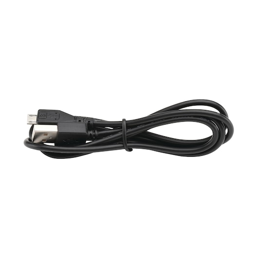 A coiled black USB to micro USB cable, used for charging or data transfer.