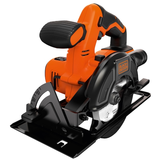 A close-up image of a BLACK+DECKER cordless circular saw with an orange and black design, featuring a sturdy handle and a visible metal blade.