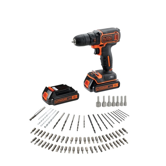 A BLACK+DECKER cordless drill set, including an 18V lithium-ion drill, an extra battery, and a wide range of drill bits and screwdriver bits arranged in a semicircle.