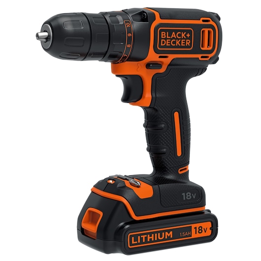 A BLACK+DECKER cordless drill with 18V lithium battery, shown in black and orange color.