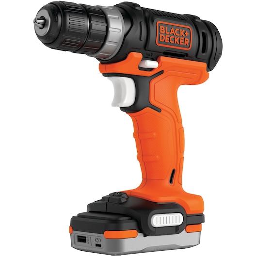 A BLACK+DECKER cordless drill with an orange and black body, featuring a textured grip handle and a rechargeable battery pack at the base.