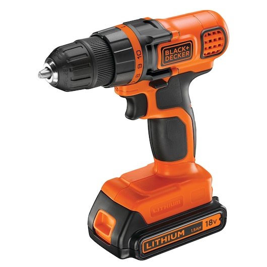 An orange and black BLACK+DECKER cordless drill with an 18V lithium battery, ergonomic handle, and adjustable torque settings.