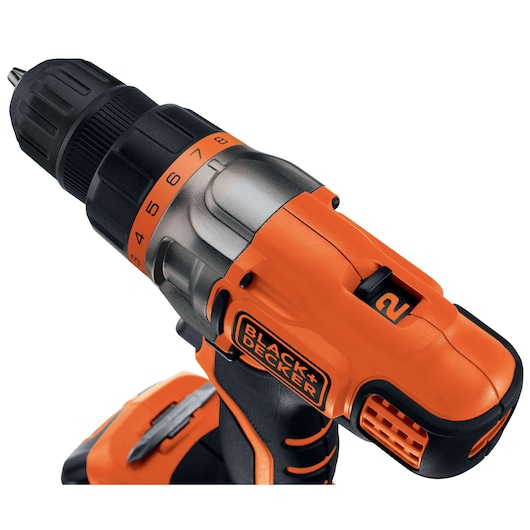 BLACKDECKER BDCDDCS18B2 cordless drill, orange and black, close-up angle on white background.