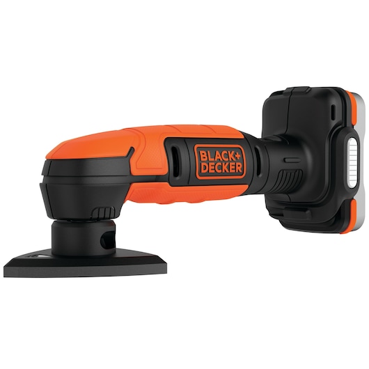 A BLACK+DECKER cordless oscillating tool with an orange and black design. The tool has an ergonomic handle and a triangular sanding pad attached to the front.