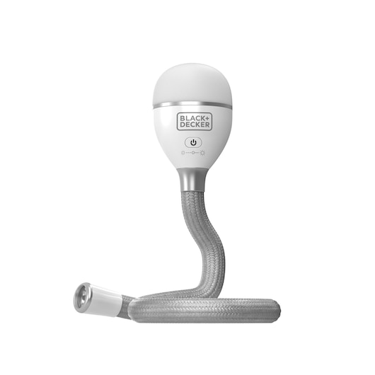 BLACKDECKER BDCFSL01 flexible LED work light, silver braided cable, front angle photo.