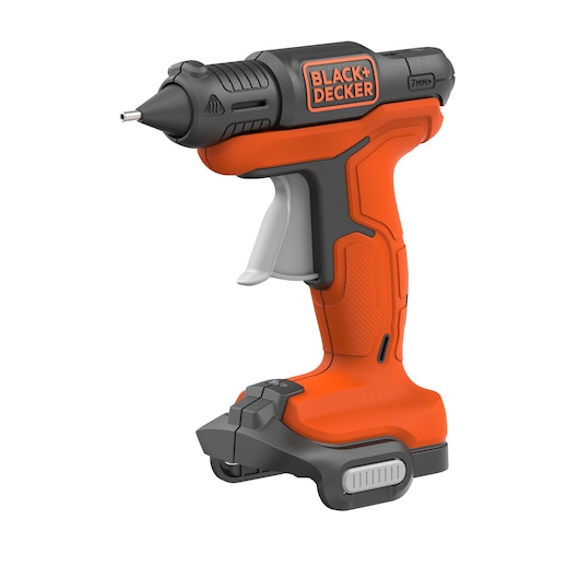 A BLACK+DECKER cordless hot glue gun with an ergonomic orange and black design, suitable for photography and crafts.