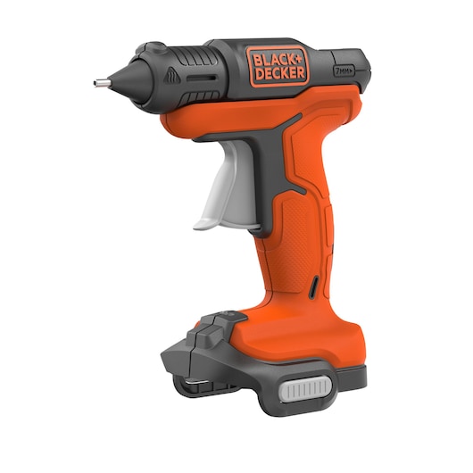 A BLACK+DECKER cordless hot glue gun in orange and black with a comfortable grip and trigger, standing upright on a white background.