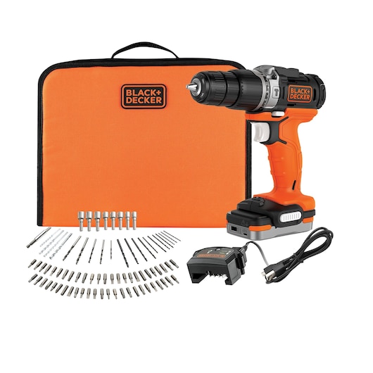 A BLACK+DECKER cordless drill set including an orange drill with battery, charger, orange carrying case, and a variety of drill bits and accessories arranged in front.