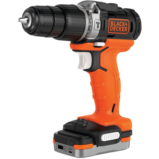 A BLACK+DECKER cordless power drill with an orange and black ergonomic handle and a rechargeable battery attached at the base.