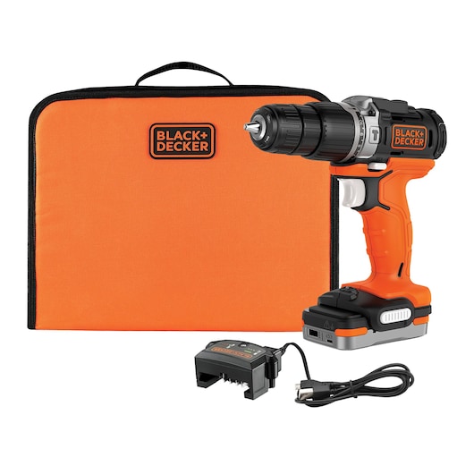 Perceuse à percussion - 2 vitesses 0-350-1250 trs/min, 40Nm, 11 couples, mandrin 10 mm, capacité de perçage bois 25 mm/métal 10mm/béton 10mm - 1 batterie 1,5 Ah - BLACK+DECKER, BDCHD12S1-QW
