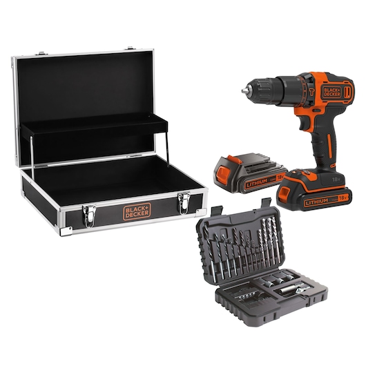 A BLACK+DECKER cordless drill set including an orange and black drill, two 18V lithium batteries, a black storage case, and a tool kit with drill bits and accessories.