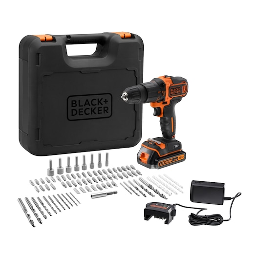 A BLACK+DECKER cordless drill kit including an orange and black drill, a sturdy carrying case, multiple drill bits and screwdriver bits, a battery charger, and a power adapter, all arranged neatly.