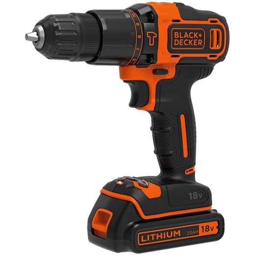 A BLACK+DECKER 18V cordless drill with lithium battery, featuring a black and orange design and ergonomic grip.