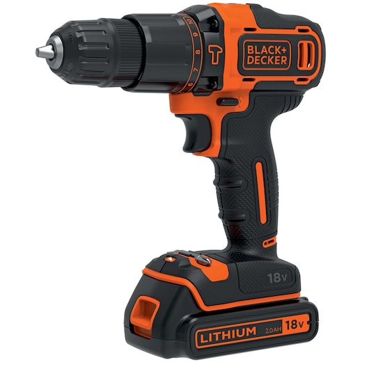 A BLACK+DECKER cordless power drill with an 18V lithium battery. The drill features a black and orange design, textured grip handle, and adjustable settings near the chuck.