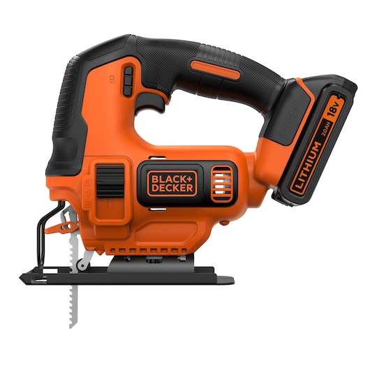 A BLACK+DECKER cordless jigsaw with an orange and black design, featuring an 18V lithium battery and ergonomic handle.