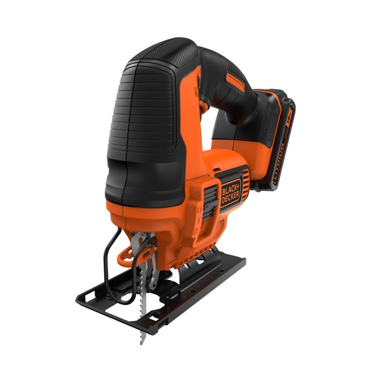 A BLACK+DECKER cordless jigsaw tool with an orange and black design, featuring a comfortable handle and mounted blade, shown on a white background.