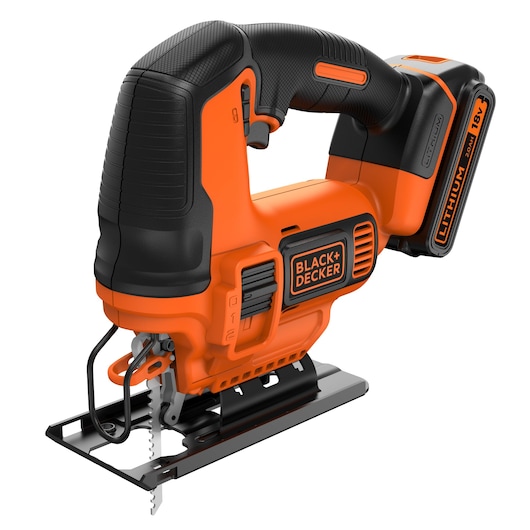 A BLACK+DECKER cordless jigsaw with a black and orange design, featuring an 18V lithium battery. The tool has ergonomic grips and a visible blade beneath the base plate.