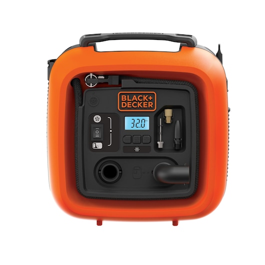 Front view of a BLACK+DECKER portable air compressor, featuring an orange and black casing, an LCD display showing 32.0 psi, control buttons, power switch, various nozzle attachments, and a carry handle on top.