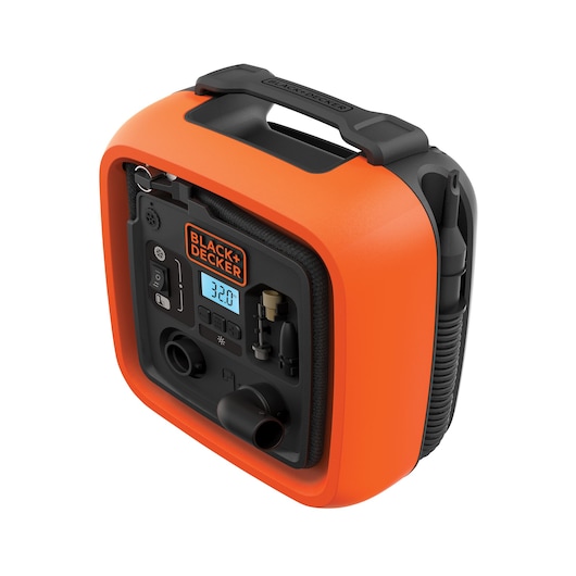 A portable BLACK+DECKER air compressor with a bright orange and black casing, digital display, control buttons, and an integrated hose, designed for inflating tires and other items.