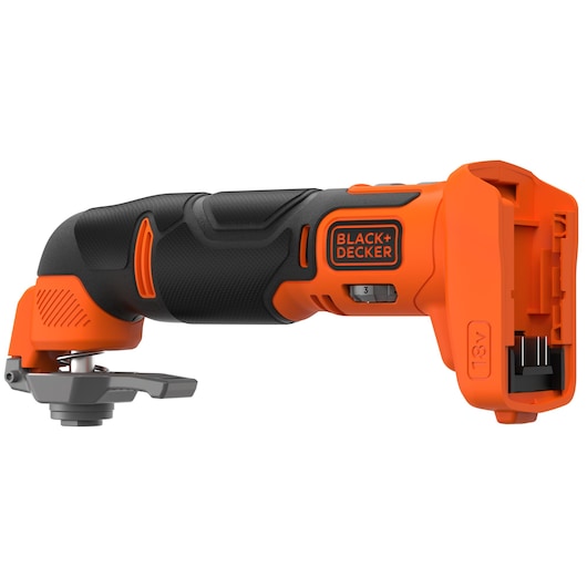 Photo of BLACKDECKER BDCOS18N cordless oscillating multi-tool, orange and black, side view.