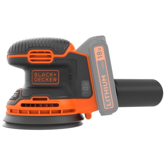 A BLACK+DECKER cordless random orbital sander, featuring an 18V lithium battery. The tool is mainly black with orange accents and has a textured grip handle.