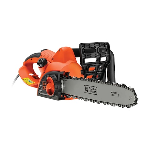 A BLACK+DECKER branded electric chainsaw with an orange and black body and a 16-inch (40 cm) blade, shown against a white background.