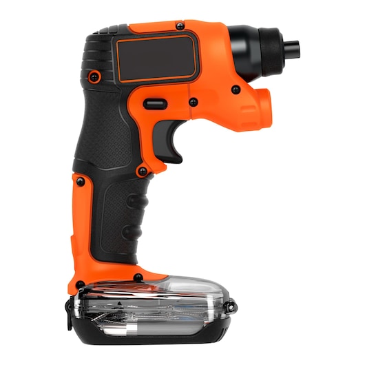 A BLACK+DECKER cordless electric screwdriver in orange and black, shown in profile with a transparent compartment at the base containing accessories.