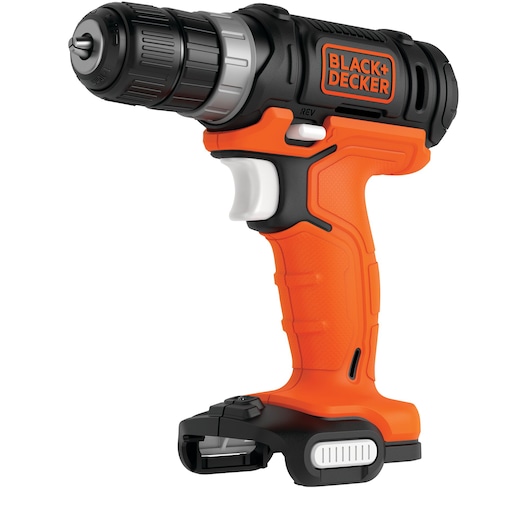 Cordless electric drill from BLACK+DECKER with an orange and black design, ergonomic handle, and trigger switch.