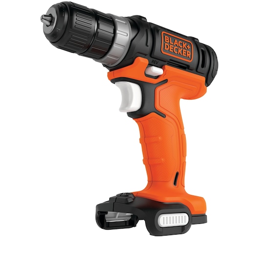 A BLACK+DECKER cordless drill with an orange and black design, featuring a pistol grip handle and visible trigger.