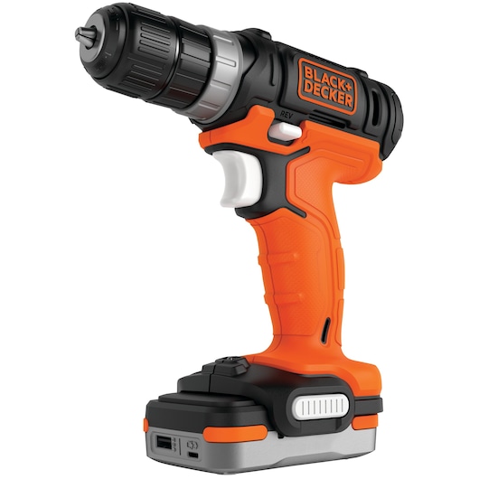Cordless electric drill with orange and black design, featuring a BLACK+DECKER logo, trigger, and battery pack attached at the base.