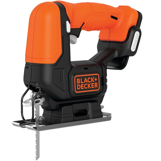 A BLACK+DECKER cordless jigsaw with an orange and black design, featuring a visible blade and ergonomic handle.