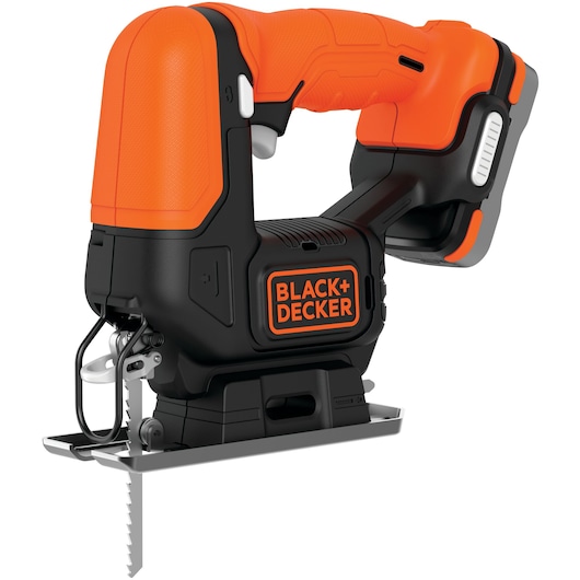 A BLACK+DECKER cordless jigsaw with an orange and black design, showing the blade and ergonomic handle.