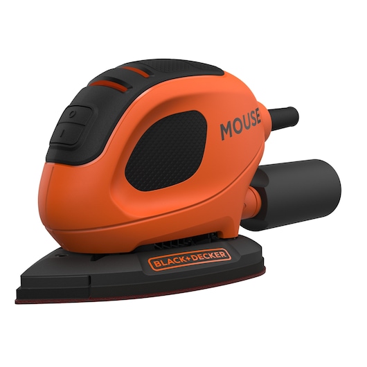 Close-up image of an orange and black BLACK+DECKER mouse-shaped electric sander with a dust collection attachment, designed for detailed sanding work.